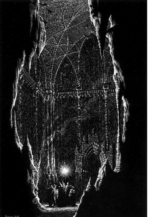 The Fellowship of the Ring in Moria. Scraperboard illustration by Alexander Korotich, 1981